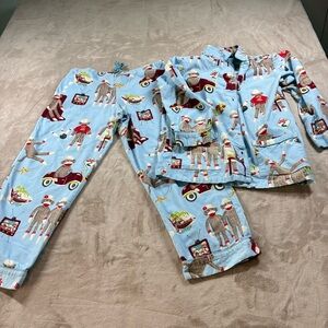 Nick & Nora Pajamas M Blue Sock Monkey Print Flannel Cotton 2 Piece Sleepwear